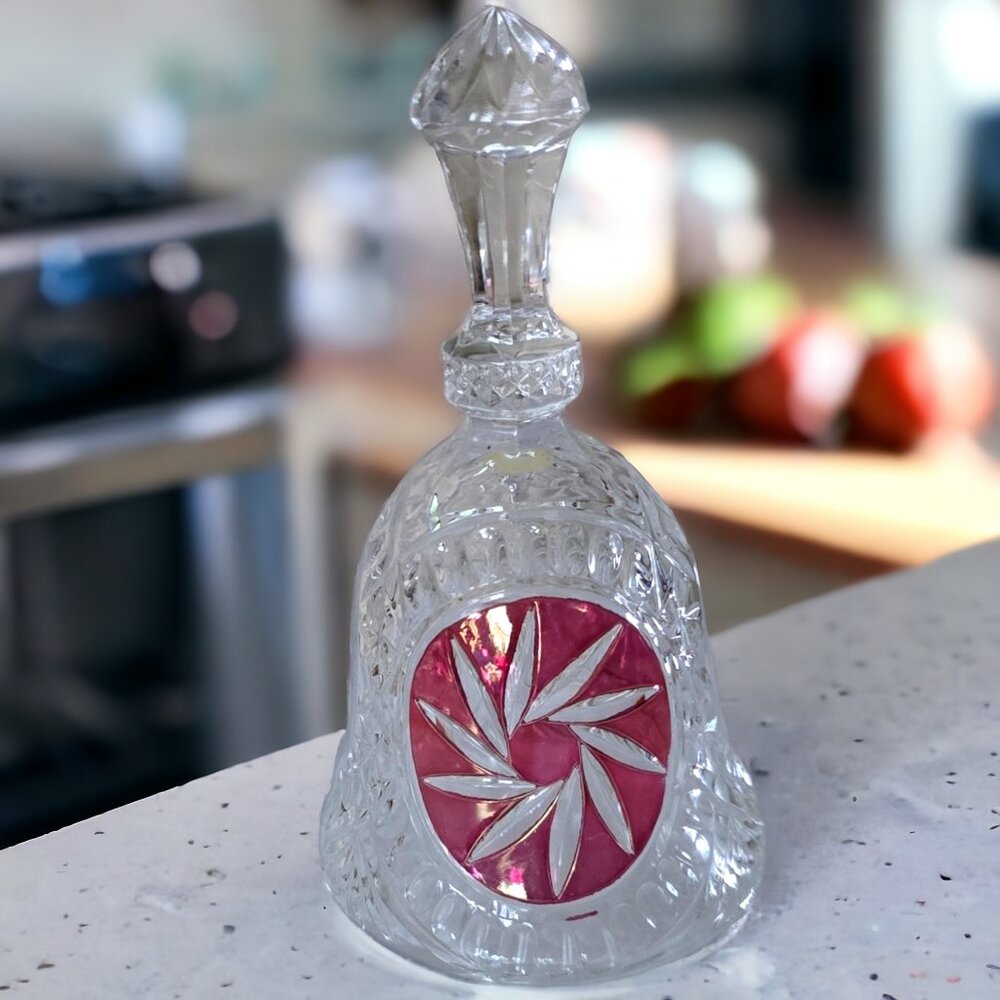 Vintage HOFBAUER Clear Crystal Bell Cranberry Colored front accent